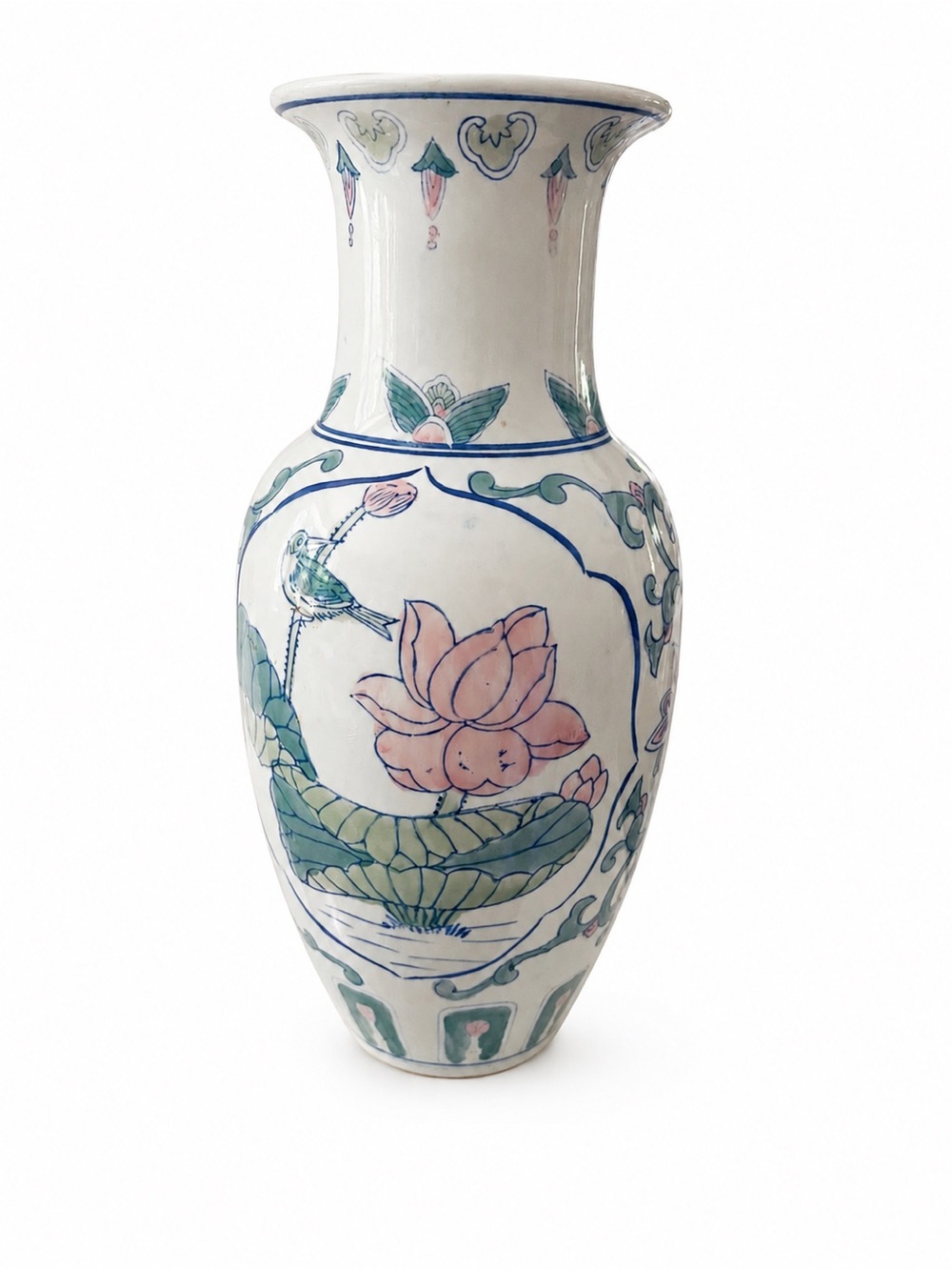 Vintage Asian Porcelain Vase Hand Painted Lotus Bird Floral Design 12.5” Tall